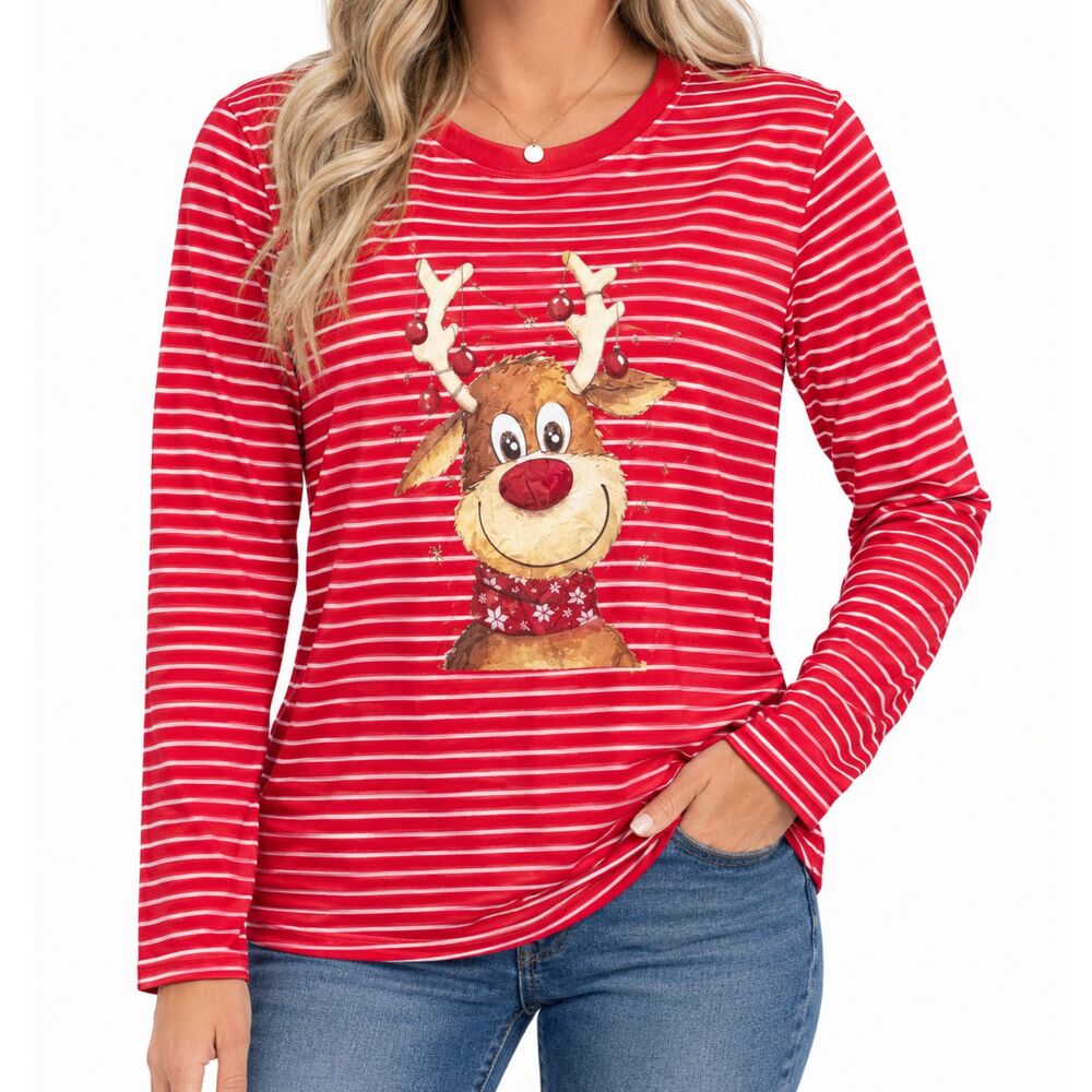 NWT Dokotoo Women’s Red Striped Reindeer Christmas Long Sleeve Top | Size XL